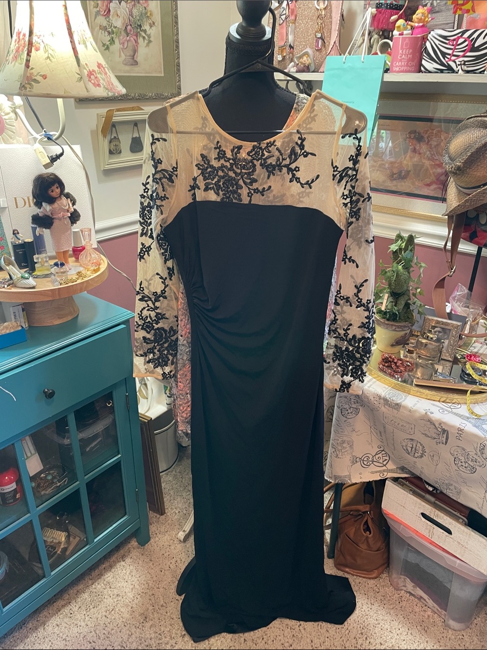 David Meister Black Evening Gown with Nude Illusion and Black Embroidery